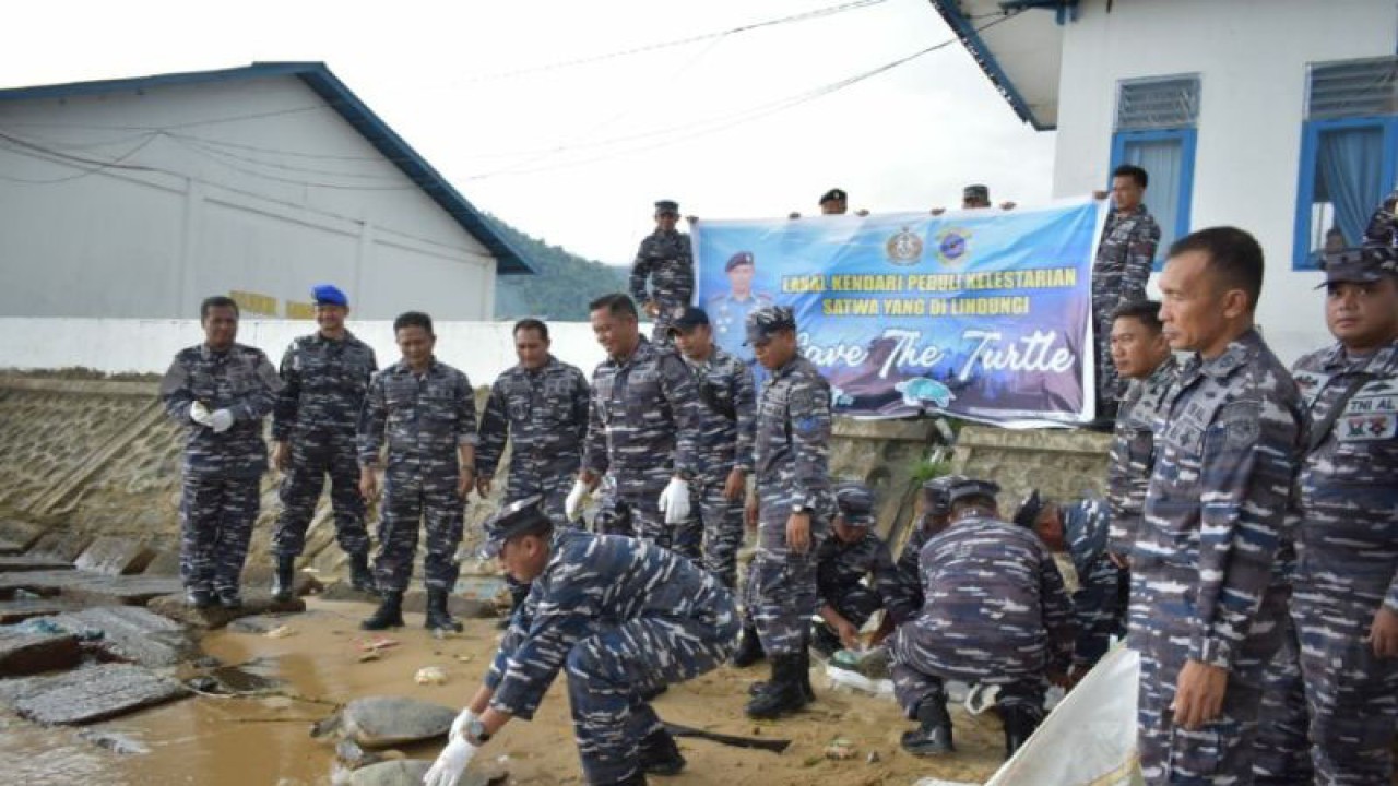 Komandan Lanal Kendari Letkol Laut (P) Abdul Kadir Mulku Zahari bersama perwira staf TNI AL Kendari melakukan pelepasliaran penyu di Kabupaten Konawe Utara, Jumat (10/2/2023) (ANTARA/HO-Penerangan Lanal Kendari)