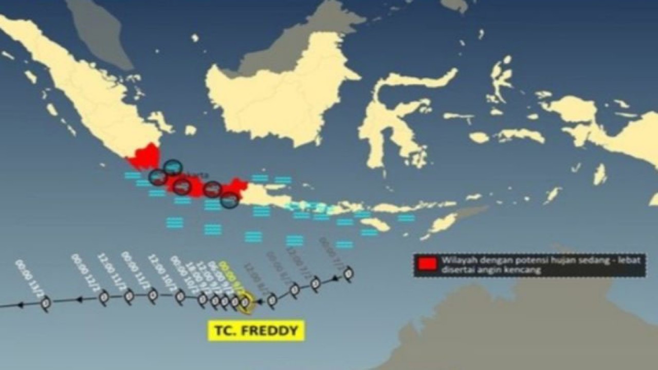 Tangkapan layar peta siklon tropis Freddy di Samudera Hindia selatan Jawa Timur, Kamis (9/2/2023). (ANTARA/HO-BMKG)