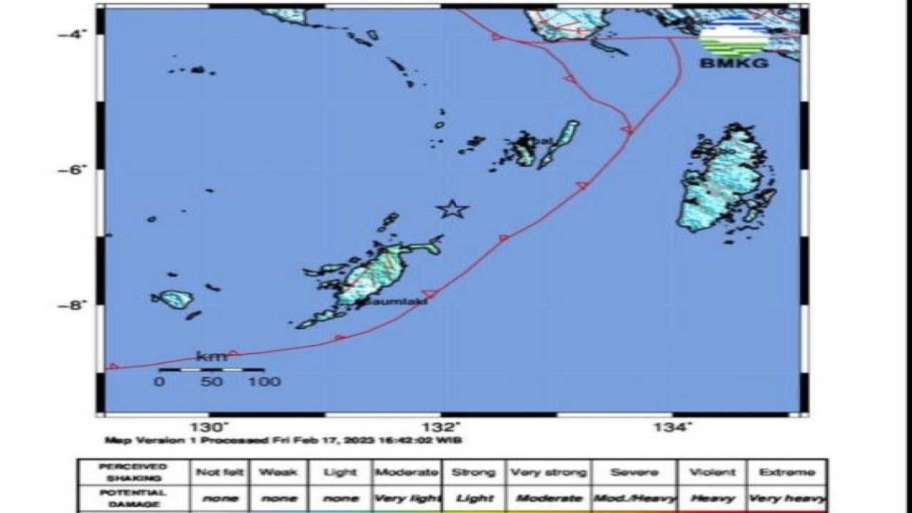 Ilustrasi - Peta gempa berkekuatan M 6,6 di wilayah Kepulauan Tanimbar, Maluku pukul 16.37 WIB, Jumat (17/2/2023) lalu. (ANTARA/HO-BMKG)