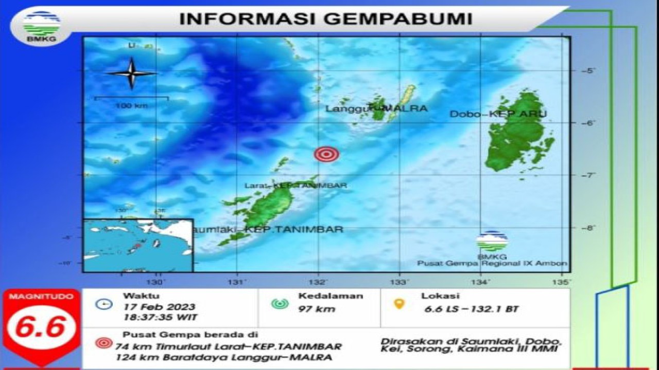 Peta gempa berkekuatan M 6,6 di wilayah Maluku pukul 16.37.35 WIB, Jumat (17/2/2023). (ANTARA/HO-BMKG)