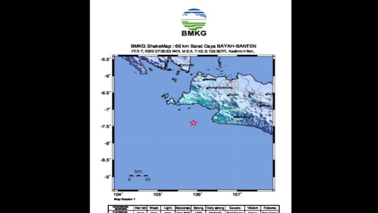 Peta gempa berkekuatan magnitudo 5,2 di selatan Banten, Selasa (7/2/2023). (ANTARA/HO-BMKG)