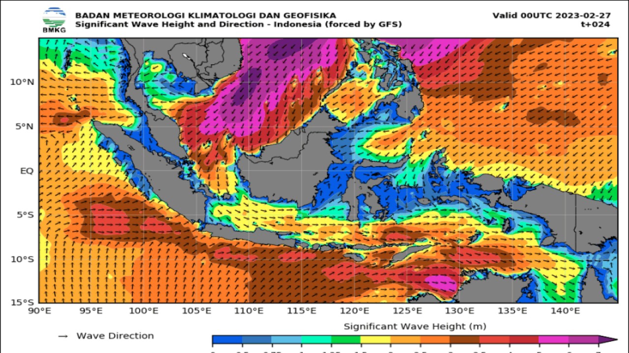 Peta prakiraan tinggi gelombang yang dilaporkan BMKG, Senin (27/2/2023). (ANTARA/HO-BMKG)