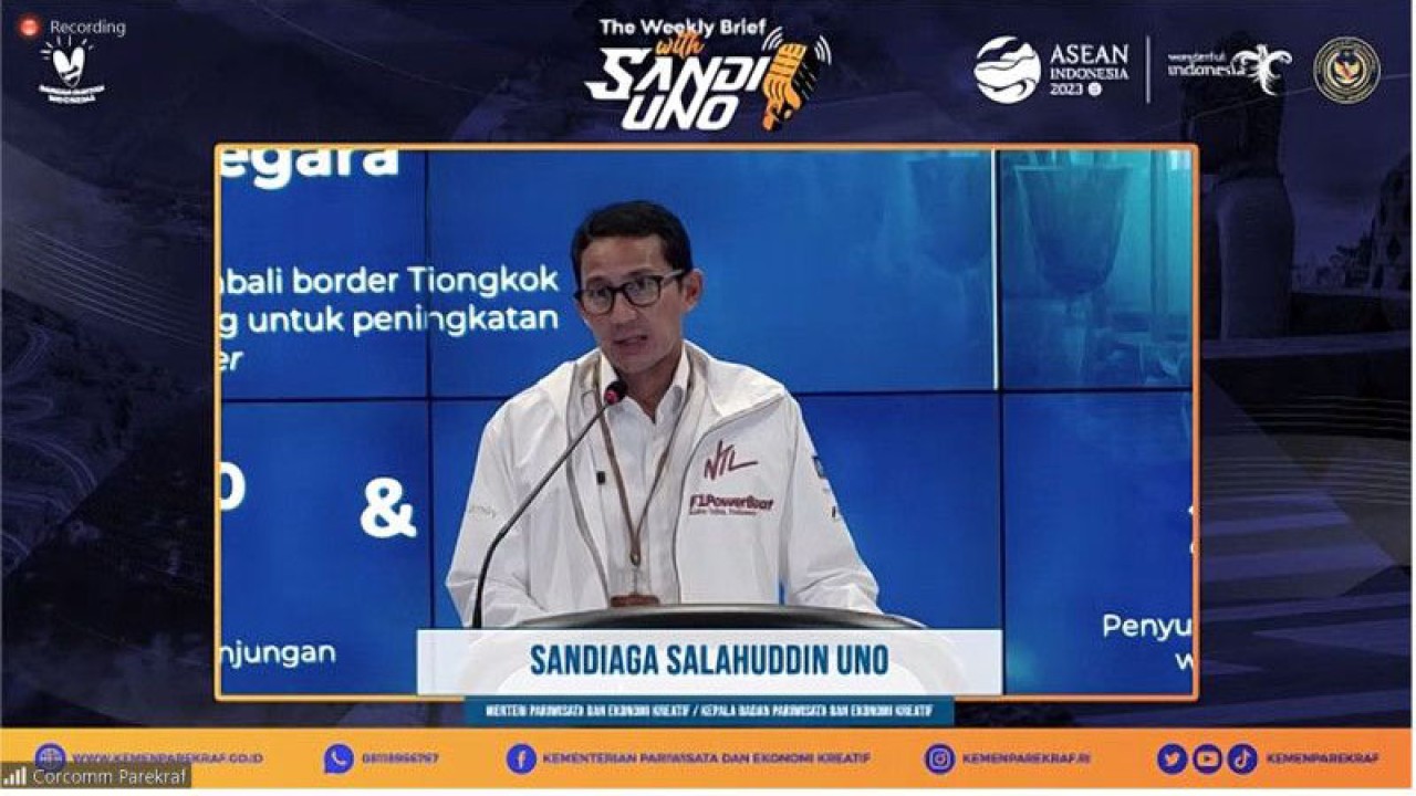 Tangkapan layar - Menteri Pariwisata dan Ekonomi Kreatif Sandiaga Salahuddin Uno saat "Weekly Brief" secara hybrid di Jakarta, Senin (27/02/2023). (ANTARA/Rizka Khaerunnisa)