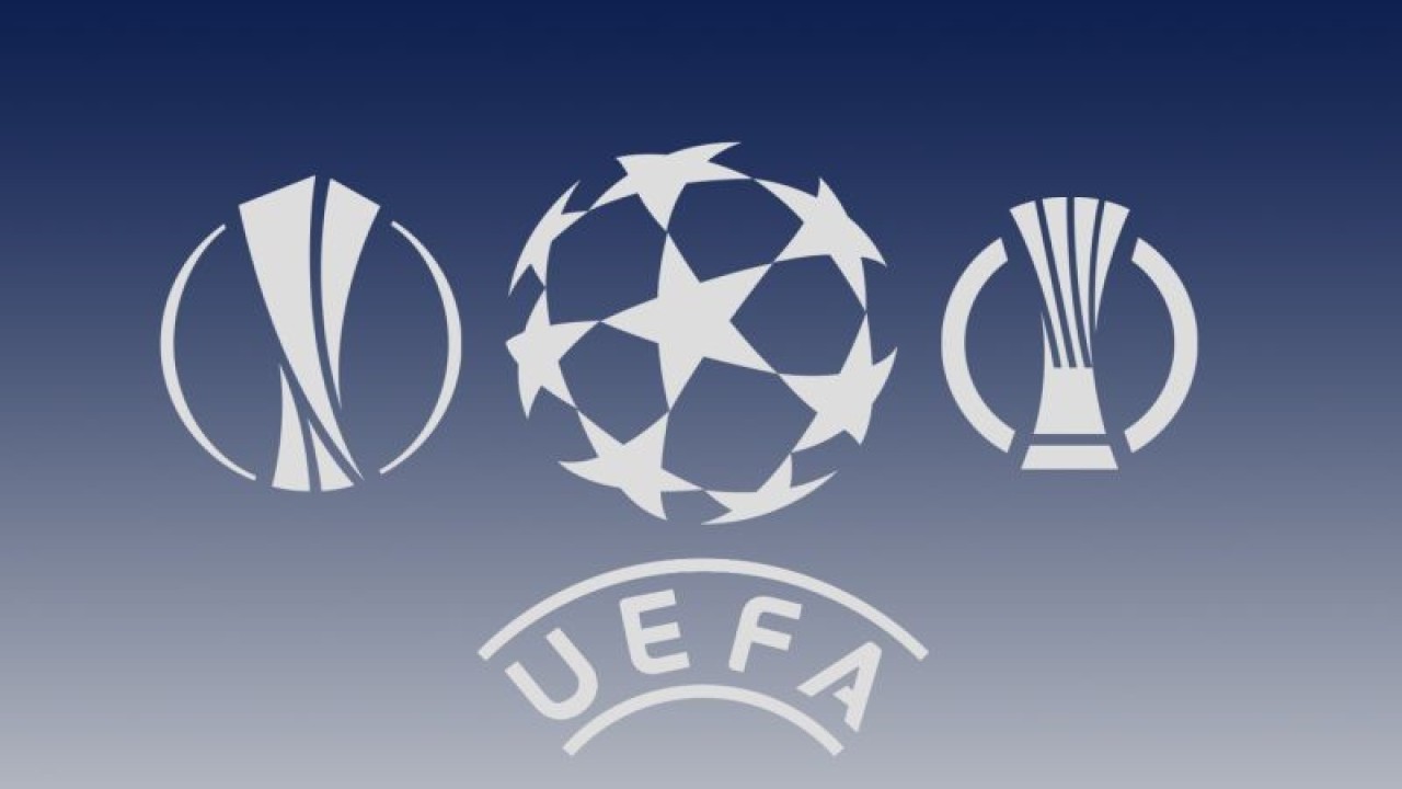 Ilustrasi logo tiga kompetisi klub Eropa yang bergulir musim 2021/22 yakni Liga Champions (tengah), Liga Europa (kiri) dan Liga Conference. (ANTARA/Gilang Galiartha)