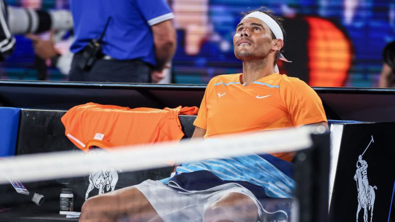 Jan 18, 2023; Melbourne, VICTORIA, Australia; Rafael Nadal during his second round match against Mackenzie Mcdonald on day three of the 2023 Australian Open tennis tournament at Melbourne Park. Mandatory Credit: Mike Frey-USA TODAY Sports (USA TODAY Sports/Mike Frey)