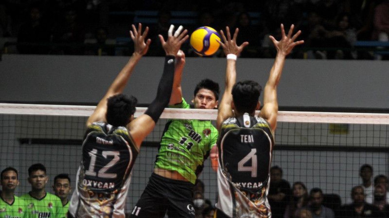 Pemain Jakarta STIN BIN Dimas Saputra (tengah) melancarkan bola smes melewati hadangan blok pemain Surabaya BIN Samator Rivan Nurmulki (kiri) dan Tedi Oka pada laga final four PLN Mobile Proliga 2023 di GOR Tri Dharma Petrokimia Gresik, Jatim, Sabtu (25/2/2023) malam. (ANTARA/Umarul Faruq)