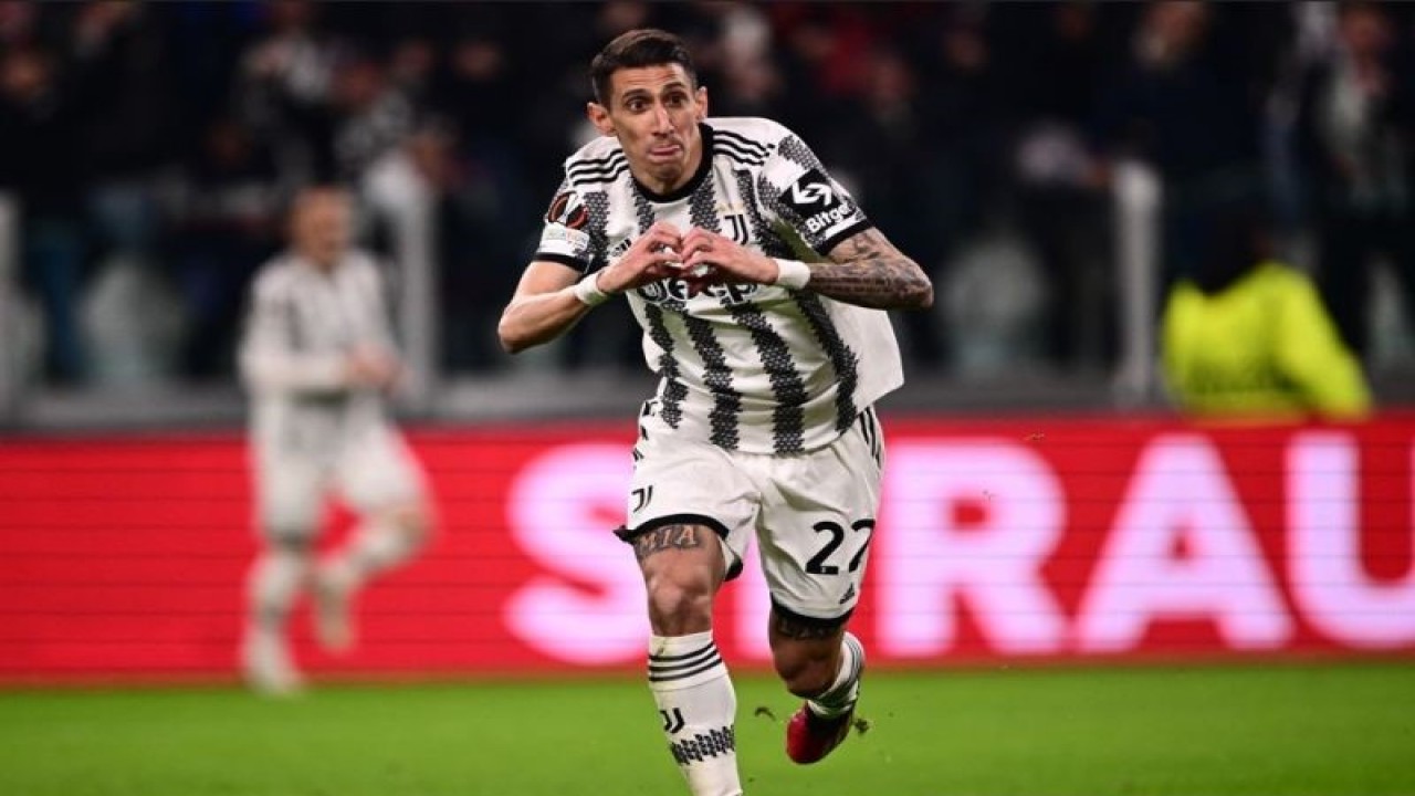 Selebrasi Angel Di Maria setelah mencetak gol kemenangan Juventus dalam pertandingan leg pertama babak 16 Liga Europa melawan SC Freiburg di Allianz Stadium pada 10 Maret 2023. ANTARA/AFP/Marco BERTORELLO