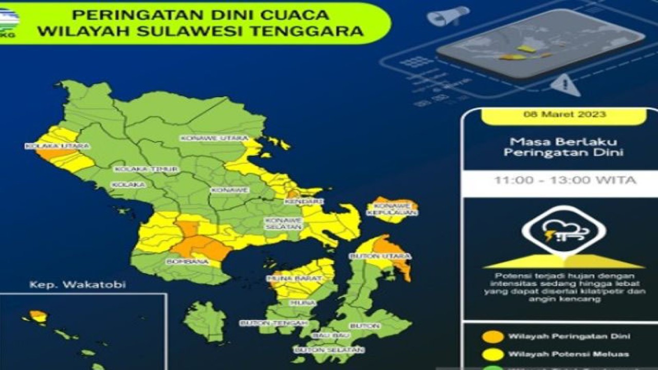 BMKG merilis peringatan dini cuaca di Sulawesi Tenggara (Sultra) masih berpotensi terjadi hujan sedang-lebat yang dapat disertai kilat/petir dan angin kencang pada hari ini sekira pukul 18:00 Wita. (Foto ANTARA/HO-BMKG)