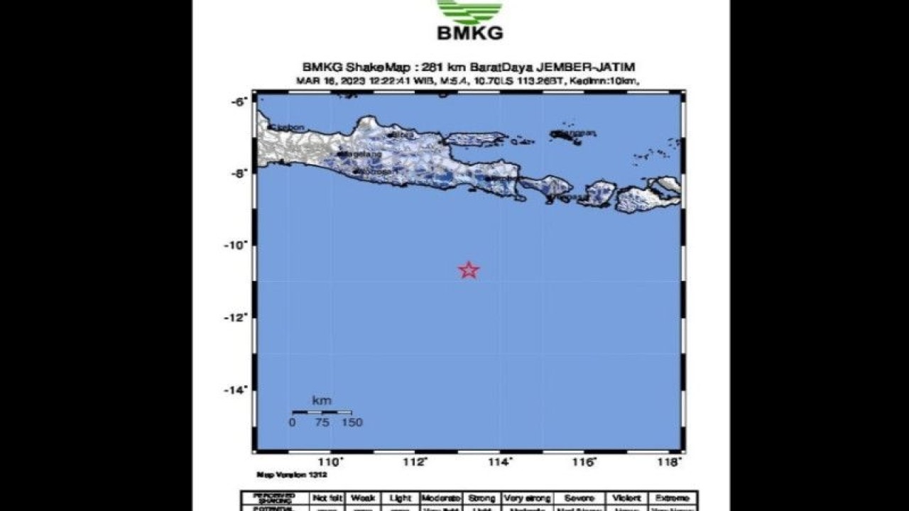 Tangkapan layar peta pusat gempa berkekuatan magnitudo 5,4 di wilayah Samudera Hindia selatan Jawa pukul 12.22 WIB, Kamis (16/3/2023). (FOTO ANTARA/HO-BMKG)