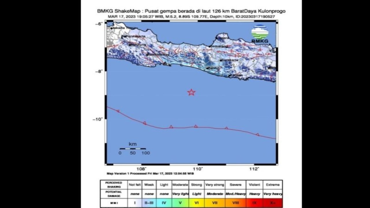 Peta pusat gempa magnitudo 5,2 di wilayah Kulonprogo, Yogyakarta pukul 19.05 WIB, Jumat (17/3/2023). (ANTARA/HO-BMKG)