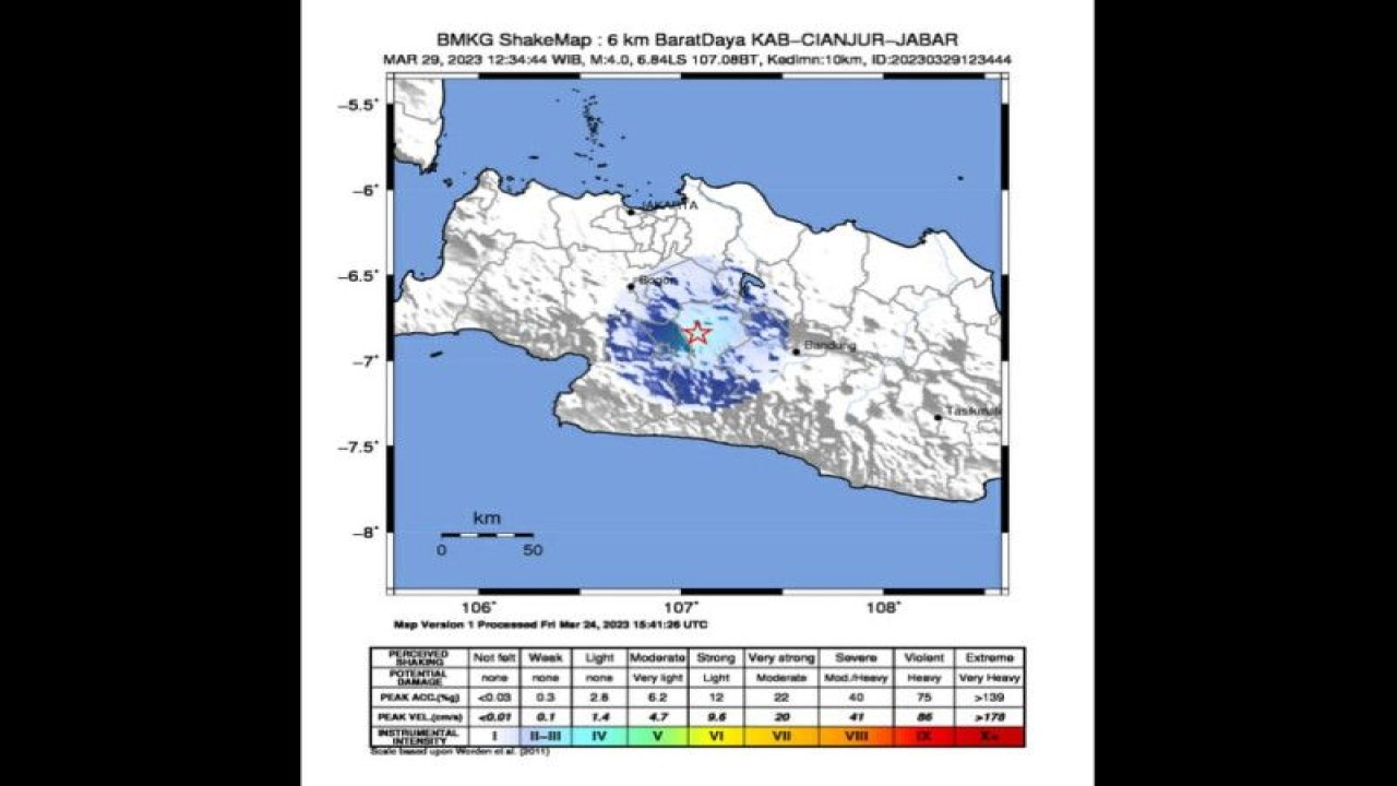 Peta pusat gempa bumi dengan magnitudo 4,0 yang terjadi di Kabupaten Cianjur, Provinsi Jawa Barat, Rabu (29/3/2023) siang. (ANTARA/HO BMKG)
