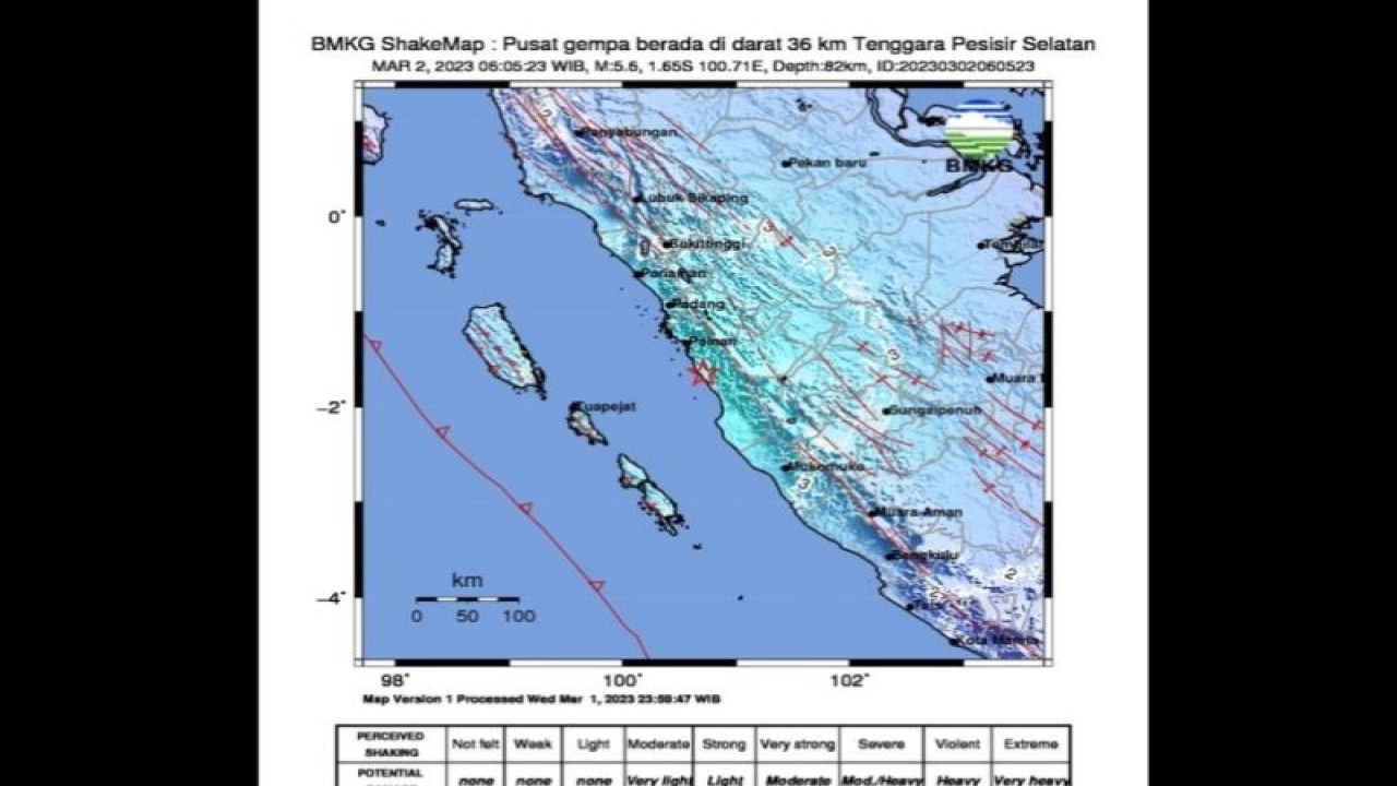 Peta pusat guncangan gempa magnitudo 5,6 di wilayah Lengayang, Pesisir Selatan, Sumatera Barat, Kamis (2/3/2023). (ANTARA/HO-BMKG)