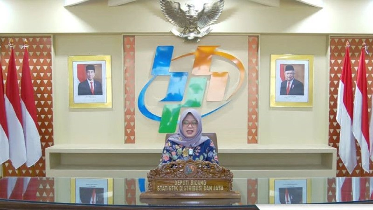 Tangkapan layar Deputi Bidang Statistik Distribusi dan Jasa Badan Pusat Statistik (BPS) Pudji Ismartini dalam konferensi pers, Rabu (1/3/2023). (ANTARA/Sanya Dinda)