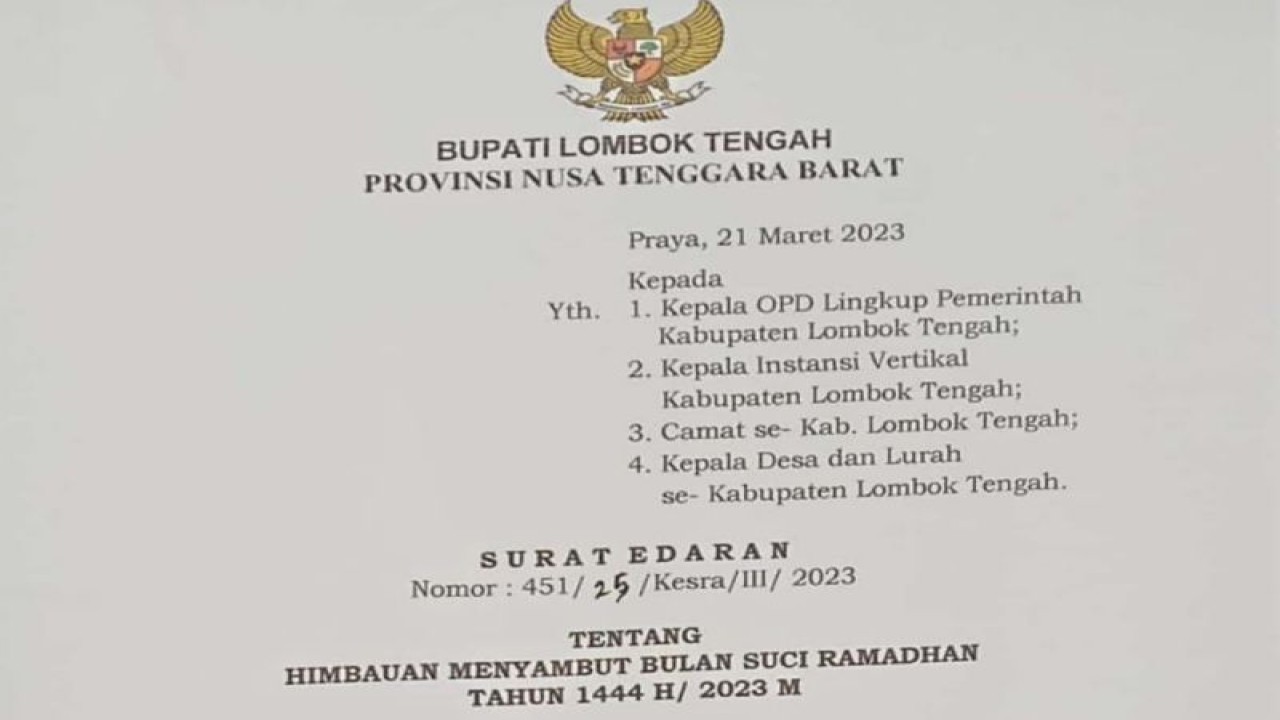 Surat edaran Bupati Lombok Tengah, Nusa Tenggara Barat dalam rangka pelaksanaan ibadah di Bulan Ramadhan 1444 H. (ANTARA/Humas Pemkab Lombok Tengah)