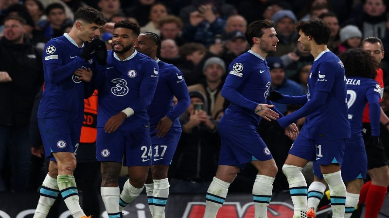 Pemain Chelsea merayakan gol Kai Havertz (kiri) dalam pertandingan leg kedua 16 besar Liga Champions lawan Borrusia Dortmund di Stamford Bridge pada 8 Maret 2023. ANTARA/AFP/ADRIAN DENNIS