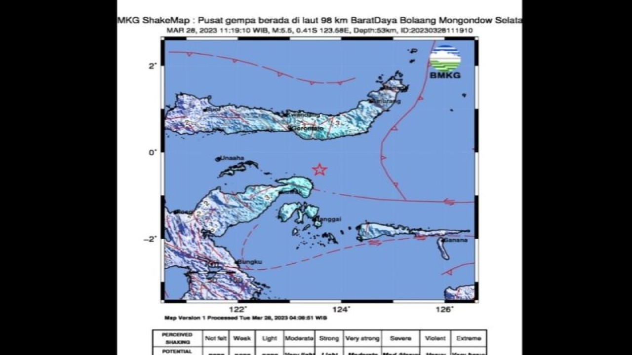 Tangkapan layar pusat gempa bumi berkekuatan magnitudo 5,5 di wilayah pantai timur laut Banggai, Sulawesi Tengah, Selasa (28/3/2023). (ANTARA/HO-BMKG)