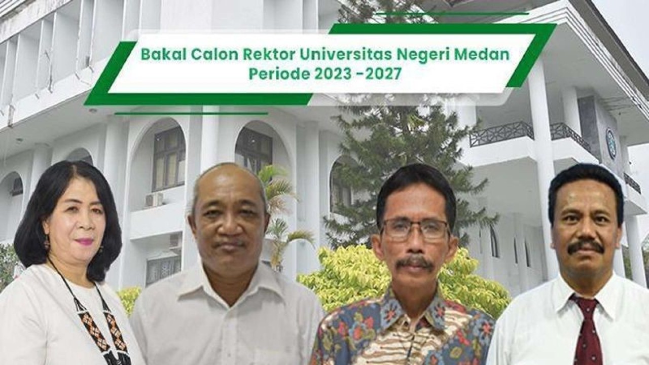 Empat bakal calon (Bacalon) Rektor Universitas Negeri Medan (Unimed) periode 2023-2027 telah resmi mendaftar yakni Dr Marice Pangaribuan,M.Hum, Dr Jamalum Purba, M.Si, Dr Erond L. Damanik, M.Si, dan  Prof. Dr. Baharuddin, M.Pd.  ((ANTARA/HO-Humas Unimed))