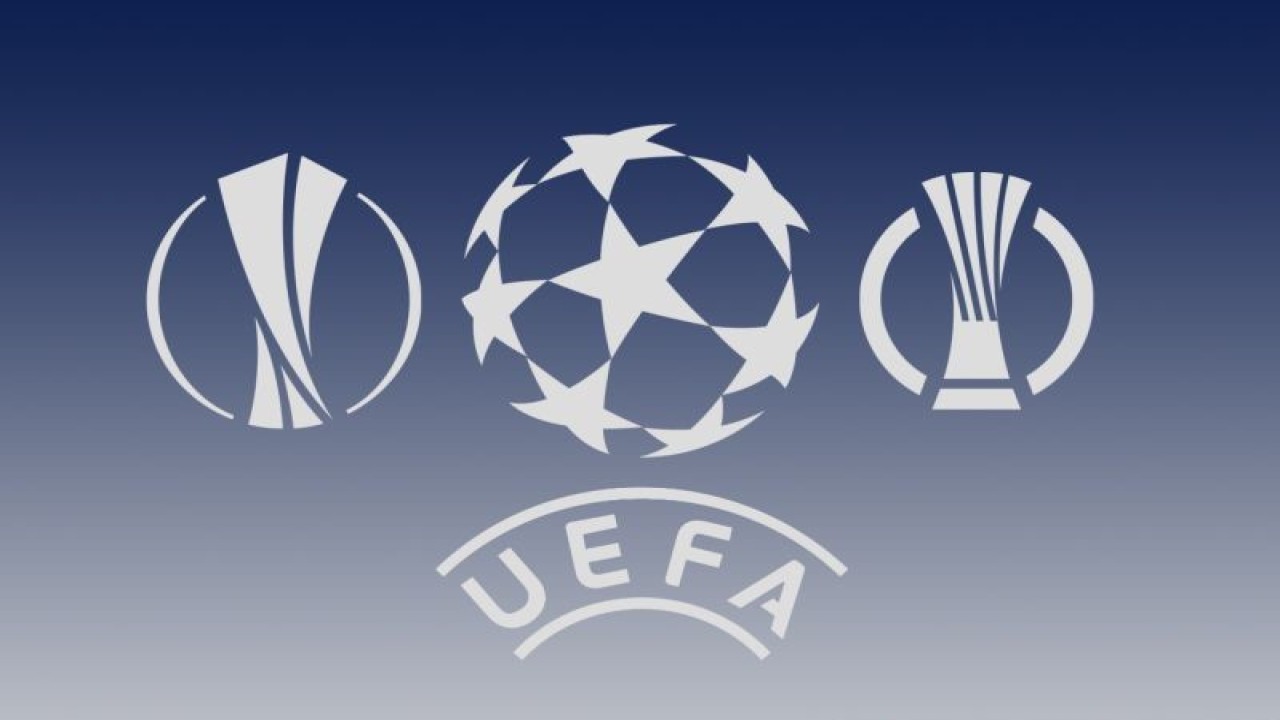 Ilustrasi logo tiga kompetisi klub Eropa yang bergulir musim 2021/22 yakni Liga Champions (tengah), Liga Europa (kiri) dan Liga Conference. (ANTARA/Gilang Galiartha)