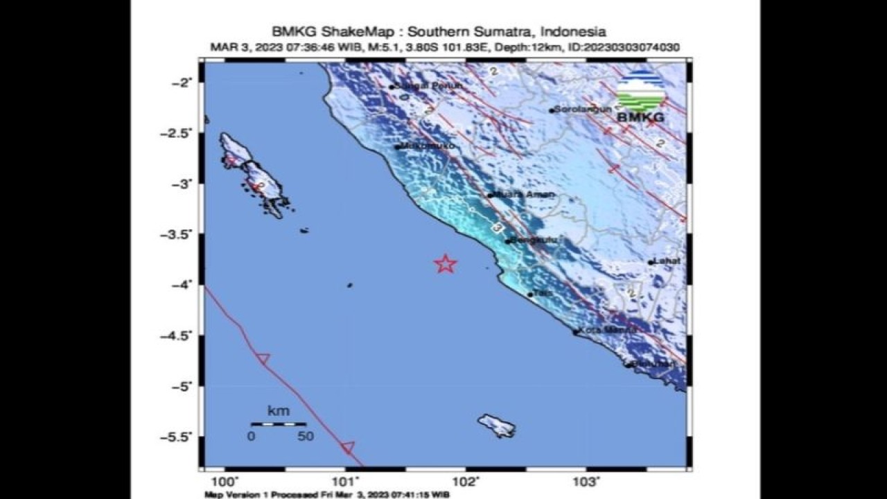 Peta pusat gempa bumi dengan magnitudo 5,1 di barat daya Kota Bengkulu pada Jumat (3/3/2023) pukul 07.36 WIB. (ANTARA/HO-BMKG)