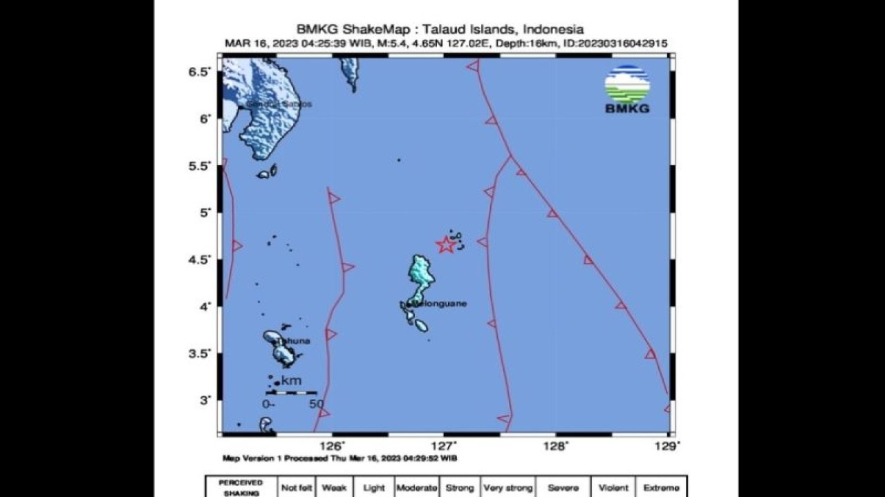 Tangkapan layar peta pusat gempa berkekuatan magnitudo 5,4 di wilayah Kepulauan Talaud, Sulawesi Utara pukul 04.25 WIB, Kamis (16/3/2023). (ANTARA/HO-BMKG)