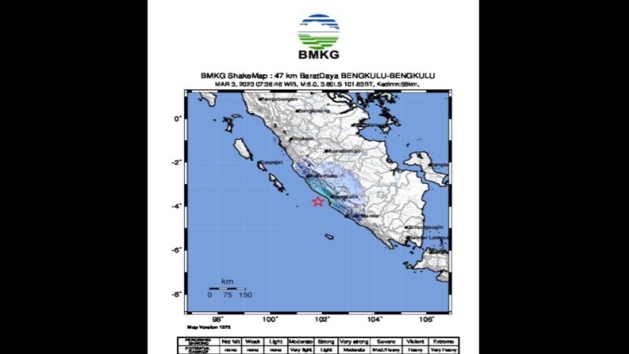 Peta pusat gempa bumi di pantai barat Sumatera, Bengkulu pukul 07.36 WIB, Jumat (3/3/2023). (ANTARA/HO-BMKG)