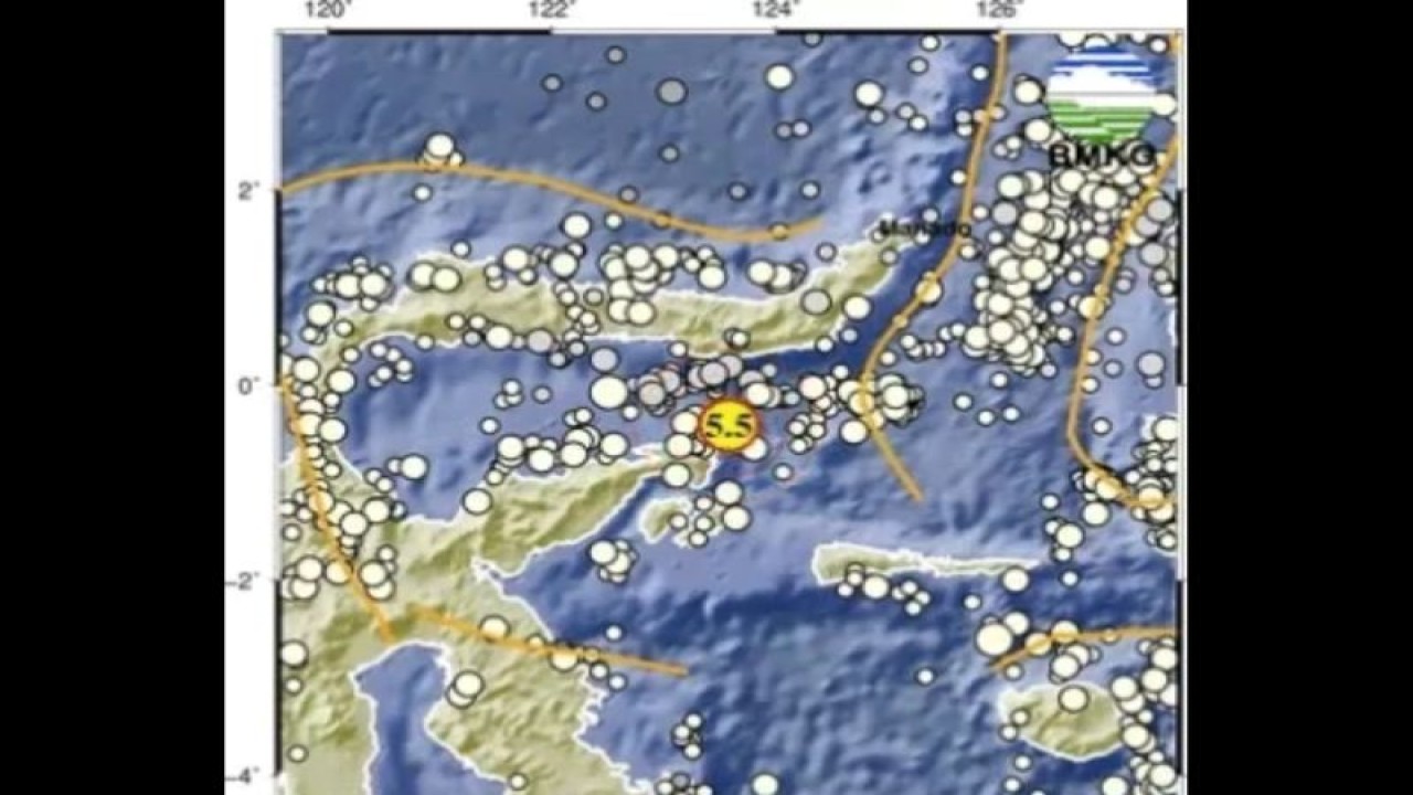 Tangkap layar, peta gempa dirilis BMKG yang terjadi di timur laut Kabupaten Banggai, Sulawesi Tengah bermagnitudo 5,5 Pada Pukul 12:19 WITA, Selasa (28/3/2023). ANTARA/HO- BMKG