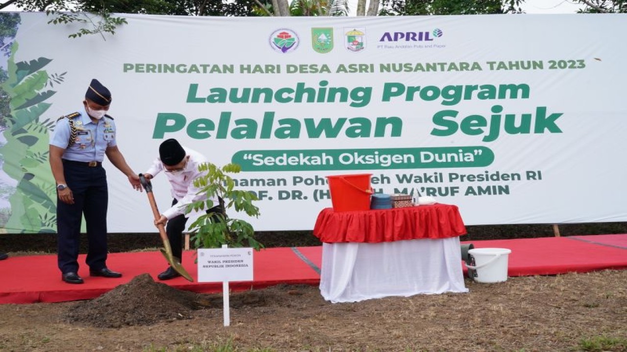 Wakil Presiden Ma'ruf Amin menanam pohon kelengkeng pada acara Gerakan Penanaman Pohon Serentak di seluruh Indonesia, di sela kunjungan kerja di Riau, Senin (20/3/2023). ANTARA/HO-BPMI Setwapres