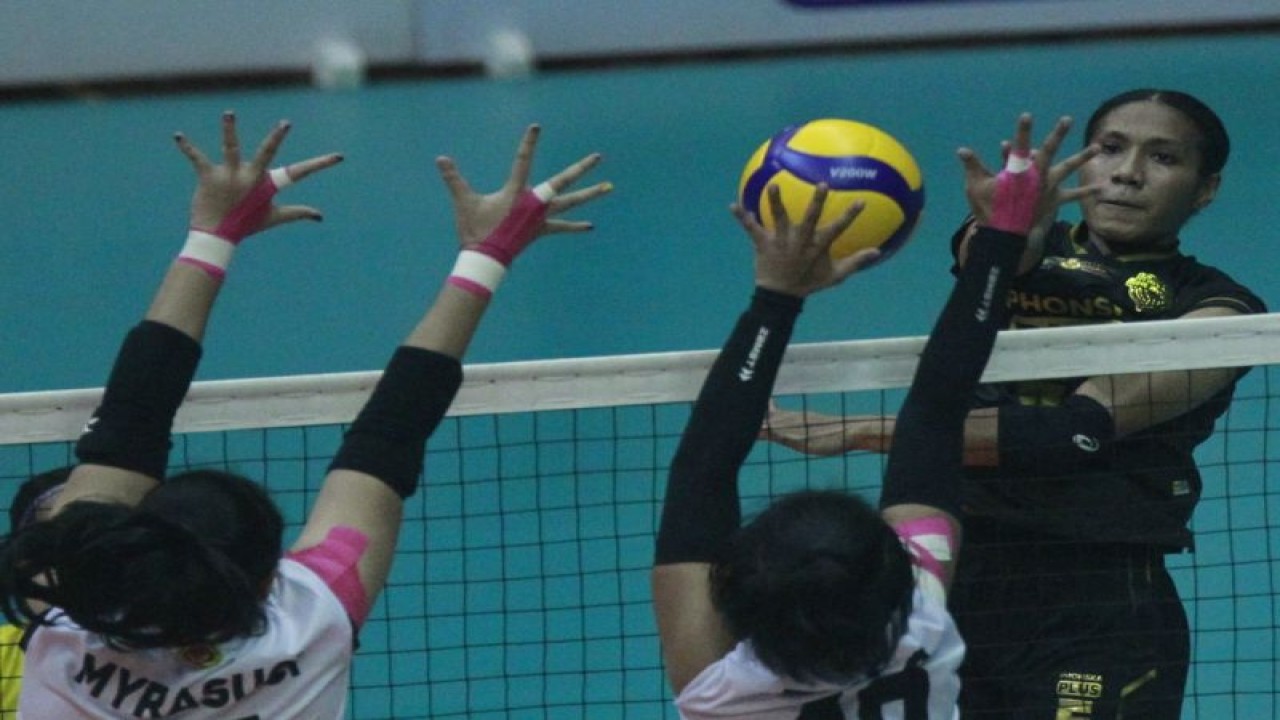 Pemain Gresik Petrokimia Pupuk Indonesia Mediol Stiovanny Yoku (kanan) melancarkan bola smes saat laga menghadapi Jakarta BIN pada PLN Mobile Proliga 2023 beberapa waktu lalu. (ANTARA/Humas Proliga)