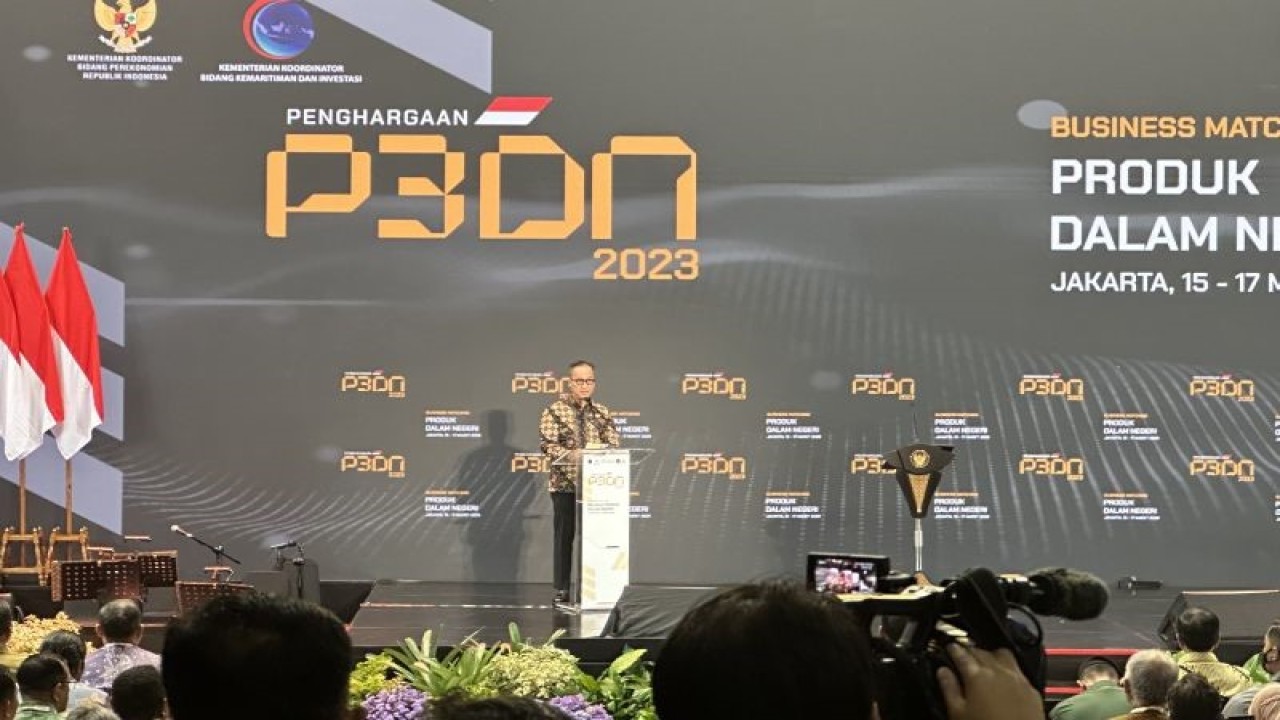Menteri Perindustrian Agus Gumiwang Kartasasmita pembukaan Business Matching Produk Dalam Negeri 2023 di Jakarta, Rabu (15/3/2023). ANTARA/ Sella Panduarsa Gareta.