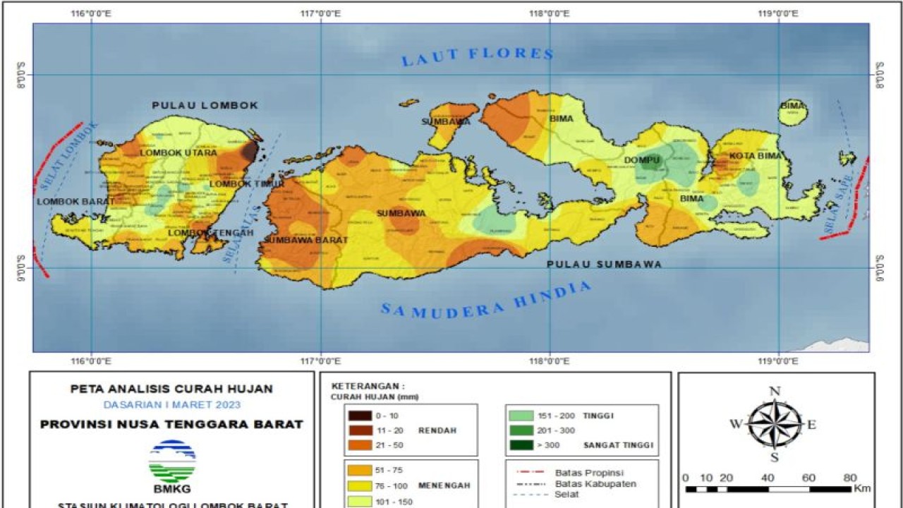 Tangkapan layarpeta hujan di wilayah NTB (FOTO ANTARA/BMKG)