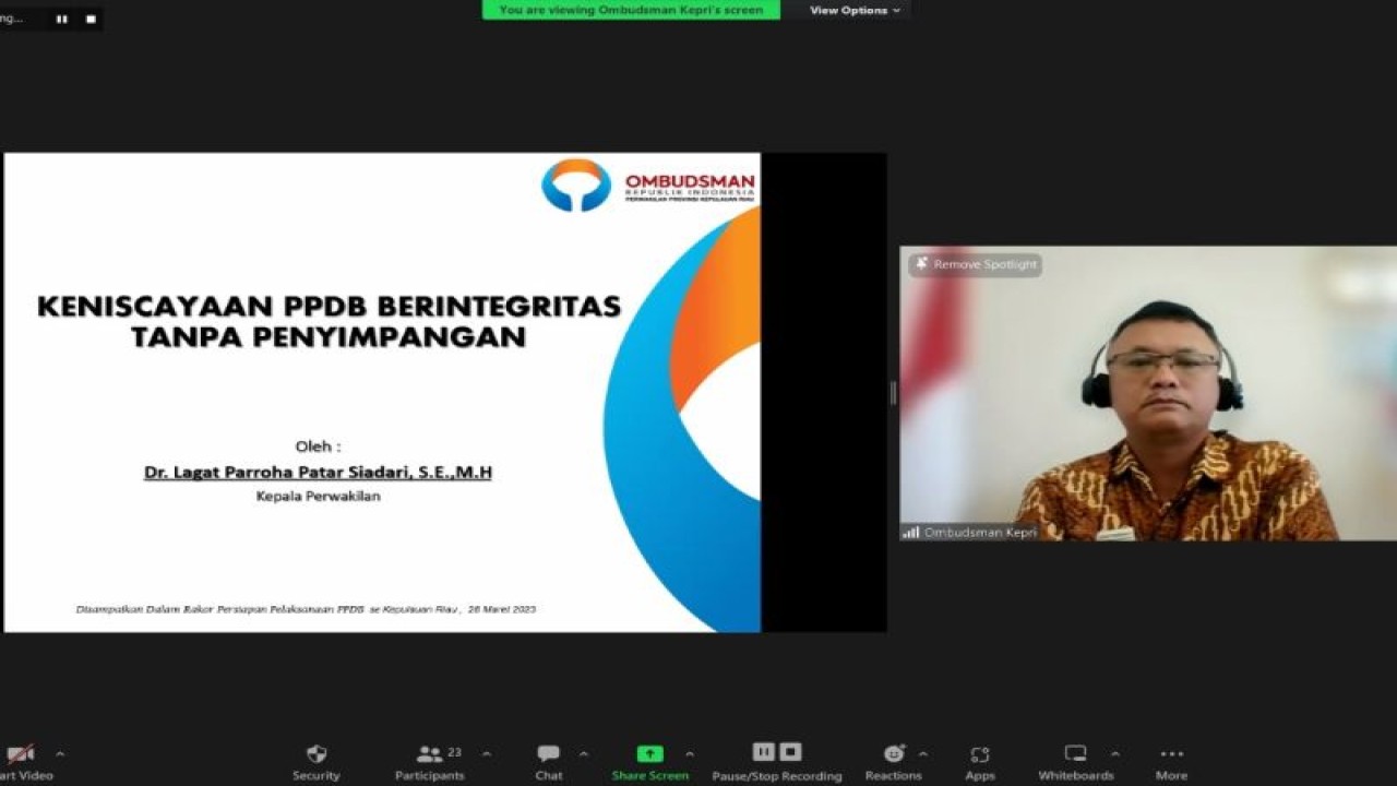 Ombudsman RI Perwakilan Kepri mengadakan rapat koordinasi pengawasan dan percepatan penyelesaian laporan dengan seluruh Dinas Pendidikan dan Kantor Kemenag se Provinsi Kepri secara daring (ANTARA/HO-Ombudsman Kepri)