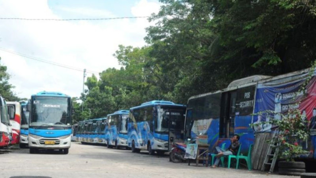 Sejumlah bus Transmusi diparkir di Terminal Alang-Alang Lebar, Palembang, Sumatera Selatan, Selasa (4/1/2022). (ANTARA/Feny Selly)