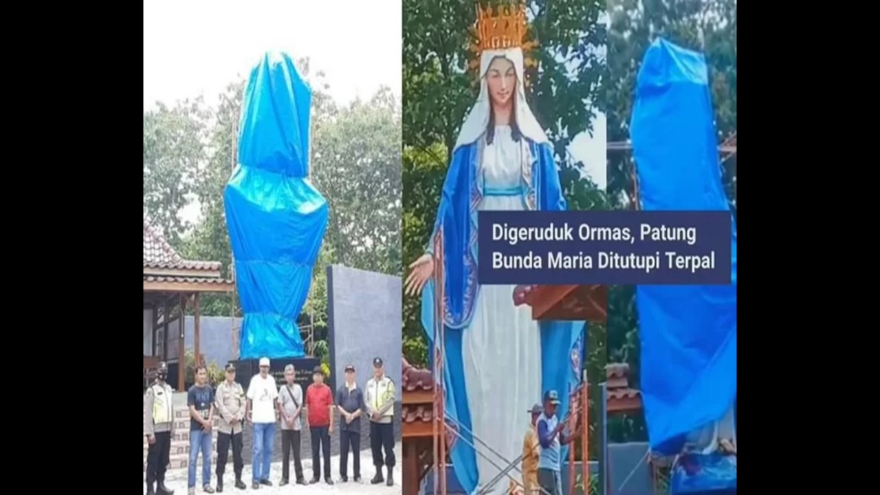 Patung Bunda Maria yang ditutup terpal.