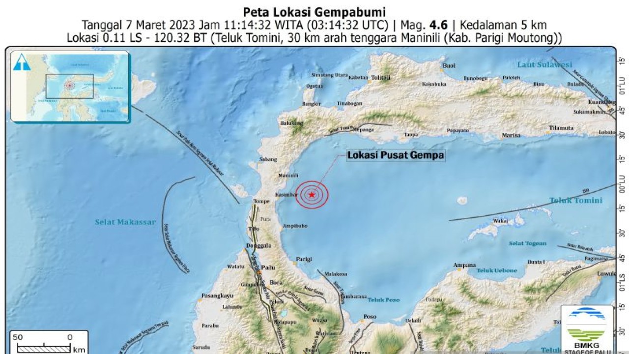 Peta gempa yang mengguncang wilayah Maninili Kabupaten Parigi Moutong, Sulawesi Tengah bermagnitudo 4,6 terjadi sekitar Pukul 11:14 WITA pada Selasa (7/3/2023). ANTARA/HO-BMKG