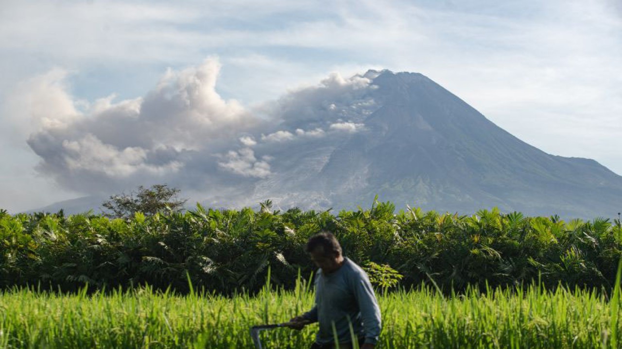 Luncuran awan panas Gunung Merapi terlihat dari Turi, Sleman, Minggu (12/3/2023). . ANTARA FOTO/Andreas Fitri Atmoko/rwa (Antara Foto/Andreas Fitri Atmoko)