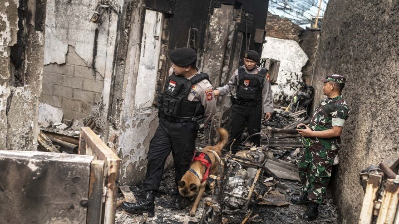 Personel Unit Satwa K9 Polda Metro Jaya menyisir permukiman penduduk yang hangus terbakar dampak kebakaran Depo Pertamina Plumpang kawasan Jalan Koramil, Rawa Badak Selatan, Koja, Jakarta, Sabtu (4/3/2023). Polda Metro Jaya menurukan Unit Satwa K9 untuk membantu proses evakuasi korban dalam peristiwa itu. ANTARA FOTO/Aprillio Akbar/nz