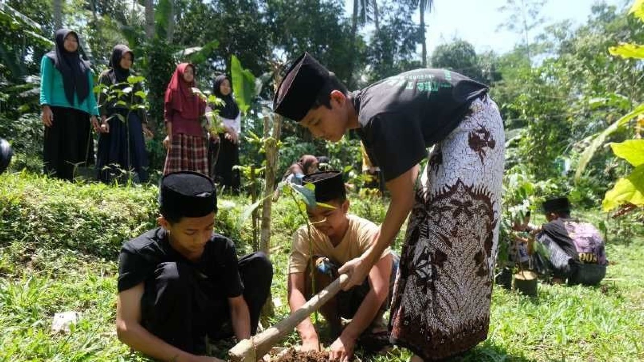 Para santri Pondok Pesantren Tahfidz Al Musthofa Tebuireng 16 di Desa Wadas, Kecamatan Kandangan, Kabupaten Temanggung, menanam pohon. ANTARA/Heru Suyitno