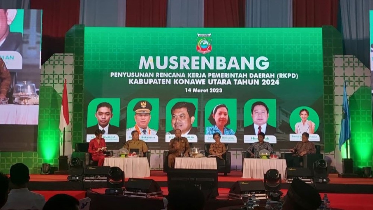 Musyawarah Perencanaan Pembangunan (Musrenbang) Rancangan Kerja Pemerintah Daerah (RKPD) Kabupaten Konawe Utara, Sulawesi Tenggara (Sultra) Tahun 2024, digelar di Gedung Olah Raga (GOR) Kabupaten Konawe Utara, Selasa (14/3/2023). (Istimewa)