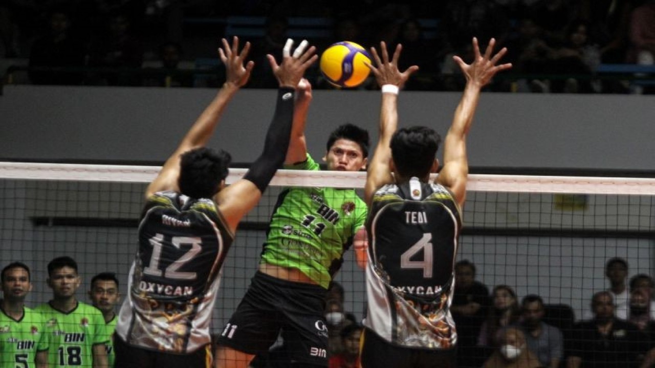 Pebola voli putra Jakarta STIN BIN Dimas Saputra (tengah) melepaskan smes dan berusaha diblok pebola voli putra Surabaya BIN Samator Rivan Nurmulki (kiri) dan Tedi OkaSyahputra (kanan) pada pertandingan Final Four PLN Mobile Proliga 2023 di GOR Tri Dharma, Gresik, Jawa Timur, Sabtu (25/2/2023). Jakarta STIN BIN menang melawan Surabaya BIN Samator dengan skor akhir 3-0 (25-23, 25-22, 25-21). ANTARA FOTO/Umarul Faruq/aww.