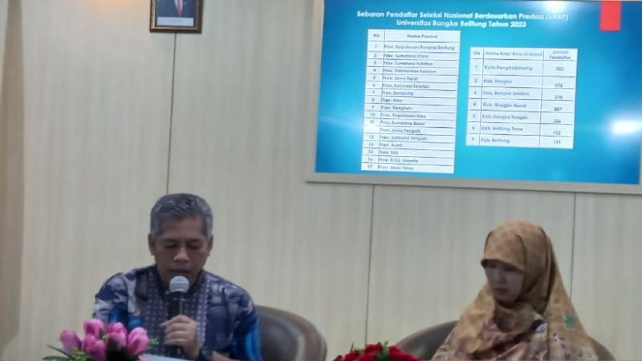 Wakil Rektor I Bidang Akademik dan Kemahasiswaan UBB Nizwan Zukhri (kiri) memberikan keterangan penerimaan mahasiswa baru jalur SNBP. (ANTARA/HO-Humas UBB)