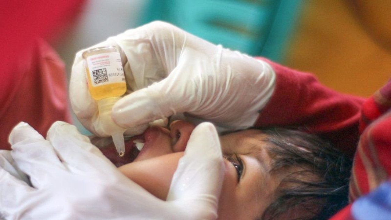 Arsip Foto. Petugas kesehatan memberikan vaksin polio tetes kepada balita di Posyandu Bougenvile, Pemancar, Depok, Jawa Barat, Sabtu (8/4/2023). (ANTARA FOTO/YULIUS SATRIA WIJAYA)