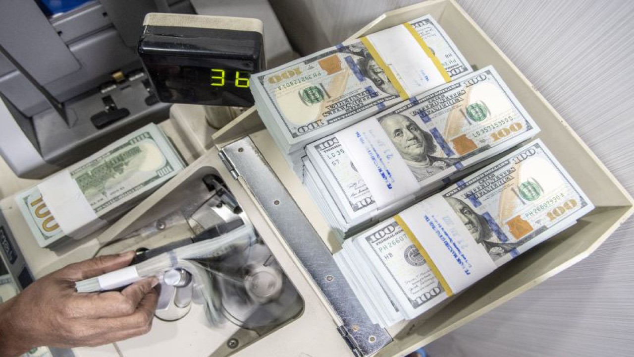 Petugas menghitung uang dolar AS di Cash Pooling Bank Mandiri, Jakarta, Kamis (23/6/2022). ANTARA FOTO/Muhammad Adimaja/YU