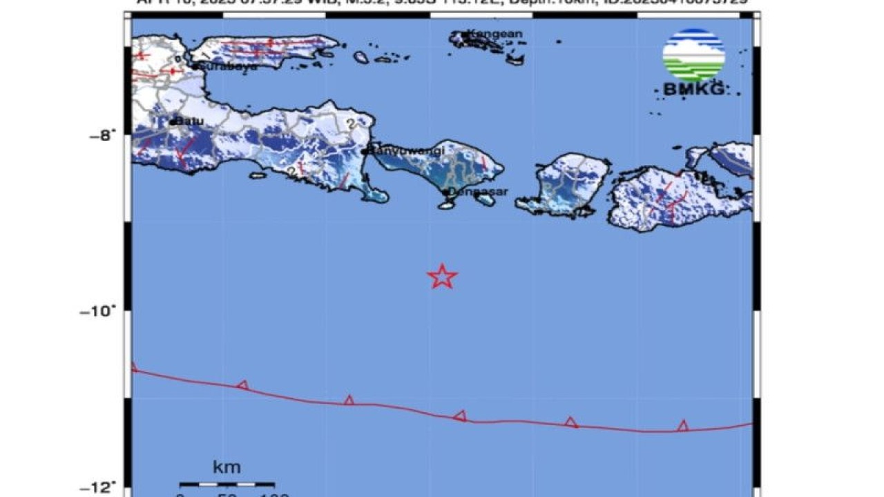 Tangkapan layar - BMKG mencatat episentrum gempa magnitudo 5,2 terjadi sekitar 93 kilometer barat daya Kuta Selatan, Kabupaten Badung, Bali, Senin (10/4/2023) ANTARA/BMKG