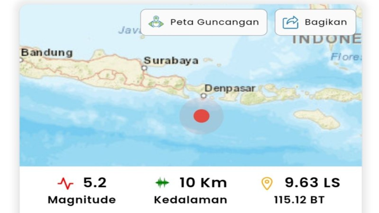 Tangakapan layar - Peta guncangan gempa magnitudo 5,2 terjadi di selatan Bali atau berjarak 93 kilometer Kuta Selatan, Kabupaten Badung, Bali, Senin (10/4/2023) ANTARA/BMKG