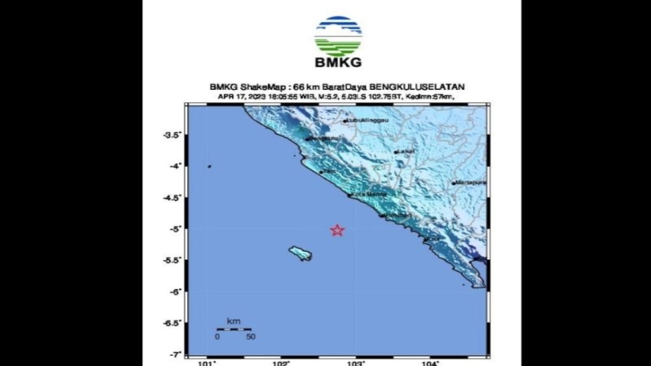 Ilustrasi: Tangkapan layar peta pusat gempa magnitudo 5,3 pukul 18.05.55 WIB di Samudera Hindia Pantai Barat Sumatera, Bengkulu, Senin (17/4/2024). (ANTARA/HO-BMKG)