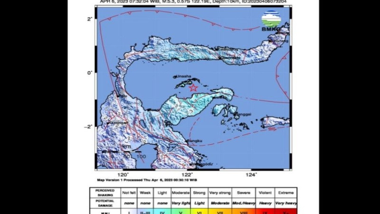 Tangkapan layar peta pusat gempa berkekuatan magnitudo 5,3 di wilayah Teluk Tomini, Sulawesi Tengah pada pukul 07.32.04 WIB, Kamis (6/4/2023). (ANTARA/HO-BMKG)