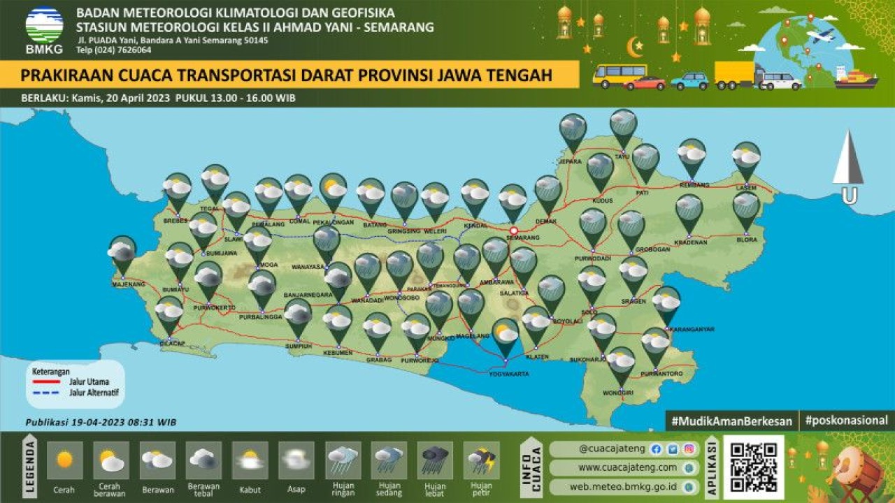 Peta prakiraan cuaca di jalur mudik wilayah Jawa Tengah pada hari Kamis (20/4/2023). ANTARA/HO-BMKG