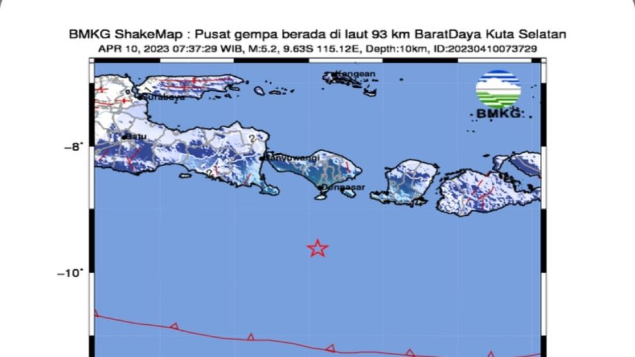 Tangkapan layar - Peta gempa bumi magnitudo 5,2 yang kemudian diperbarui menjadi magnitudo 5 terjadi 93 kilometer Kuta Selatan, Bali, pada Senin (10/4/2023) FOTO ANTARA/BMKG