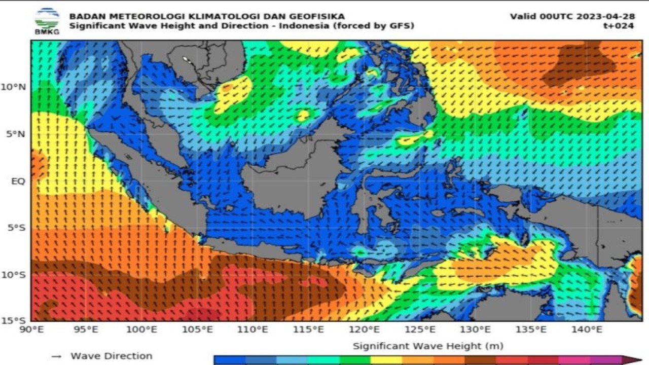 Peta potensi gelombang tinggi pada 28-29 April 2023 yang dirilis Badan Meteorologi Klimatologi, dan Geofisika (BMKG) pada Jumat (28/4/2023). (ANTARA/HO-BMKG)