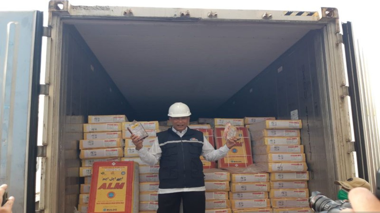 Direktur Umum Perum Bulog Budi Waseso atau Buwas meninjau proses pembongkaran impor daging kerbau beku di New Priok Container Terminal One (NPCT1), Tanjung Priok, Jakarta, Rabu (12/4/2023) (ANTARA/Bayu Saputra)